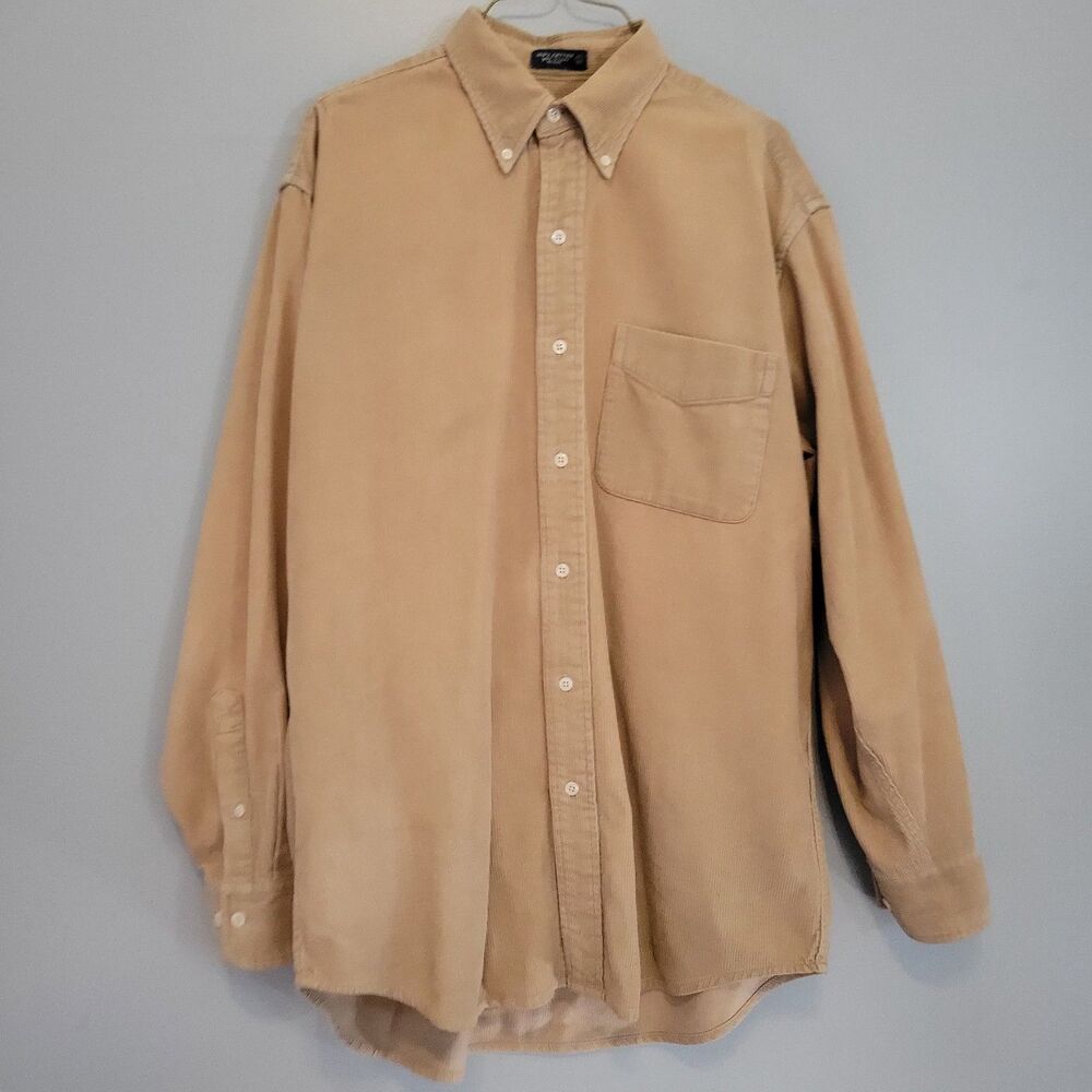 Vintage 90s Men's Corduroy Long Sleeve Button Up Beige Shirt, Large